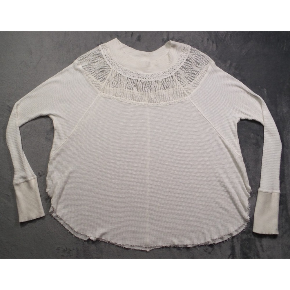 Free People Top Womens Size Medium White Spring Valley Lace Trim Waffle Knit